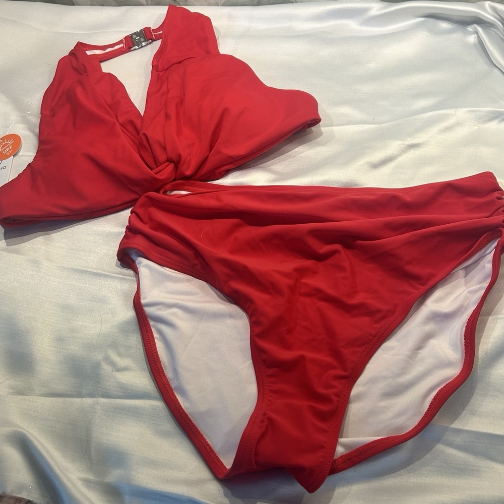 Charmo Red Maternity 2 Piece Swimwear Halter Neck Knot Front UPF 50 Medium NEW